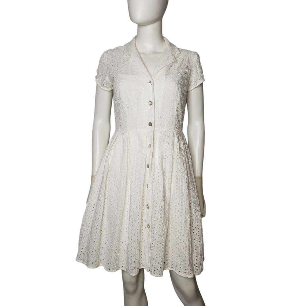 Sandra Darren White Eyelet Short Sleeve Summer Dress Womens Size 6